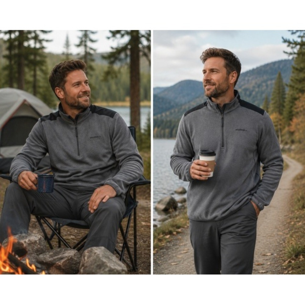 Merrell Mens Gray Black Quarter Zip Fleece Pullover Jacket XL Hiking Outdoor